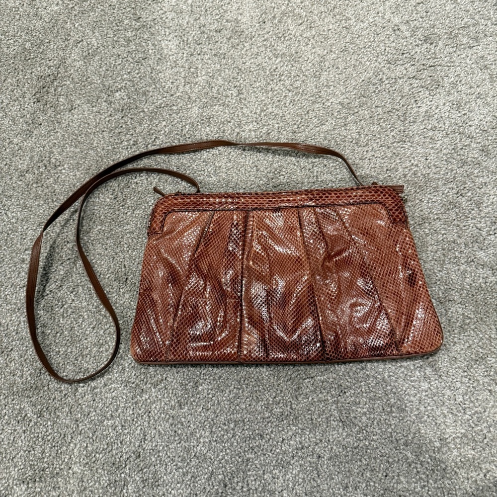 Vintage Palizzio Snakeskin Handbag Clutch Crossbody Brown Purse Shoulder Bag